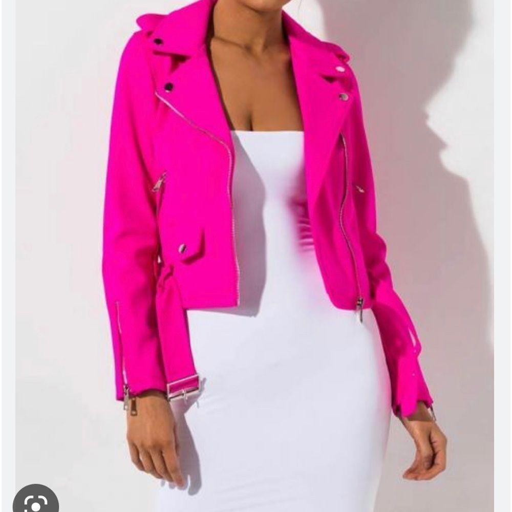 ISO - Azalea Wang “Walk this Way” hot pink neoprene Moto jacket.